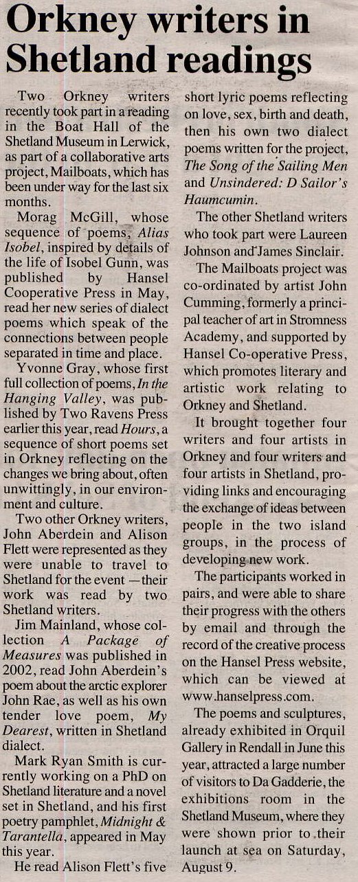 'Orkney writers in Shetland readings', The Orcadian, 14th of August 2008
