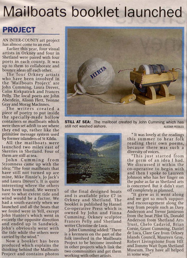 'Mailboats booklet launched', Orkney Today, 27th of November 2008