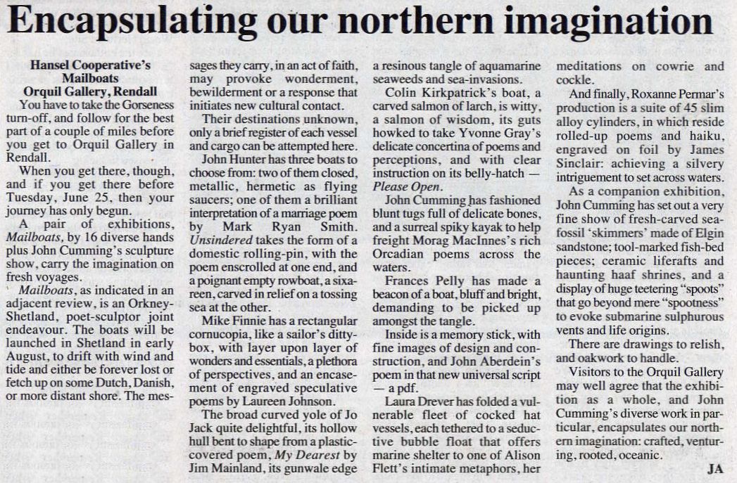 'Encapsulating our northern imagination', JA, The Orcadian, 19th of May 2008