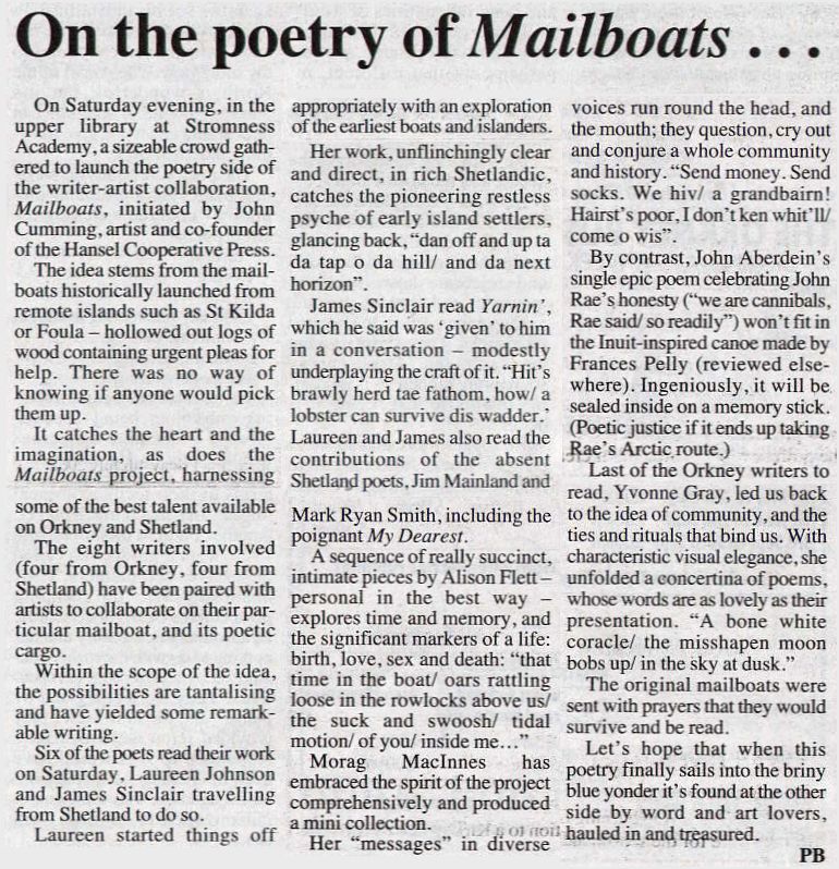'On the Poetry of Mailboats...', PB, The Orcadian, 19th of May 2008